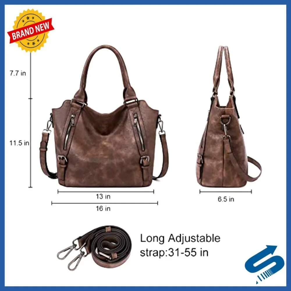 Large Vegan Leather Hobo Bag with Adjustable Strap, Multiple Pockets